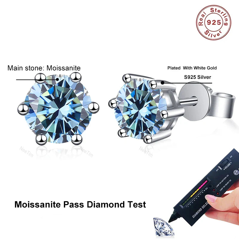 NeeTim 0.5ct 1ct 2ct Moissanite Stud Earrings for Women 925 Sterling Silver Green Pink Black Blue Grey Sparkling Studs Earring