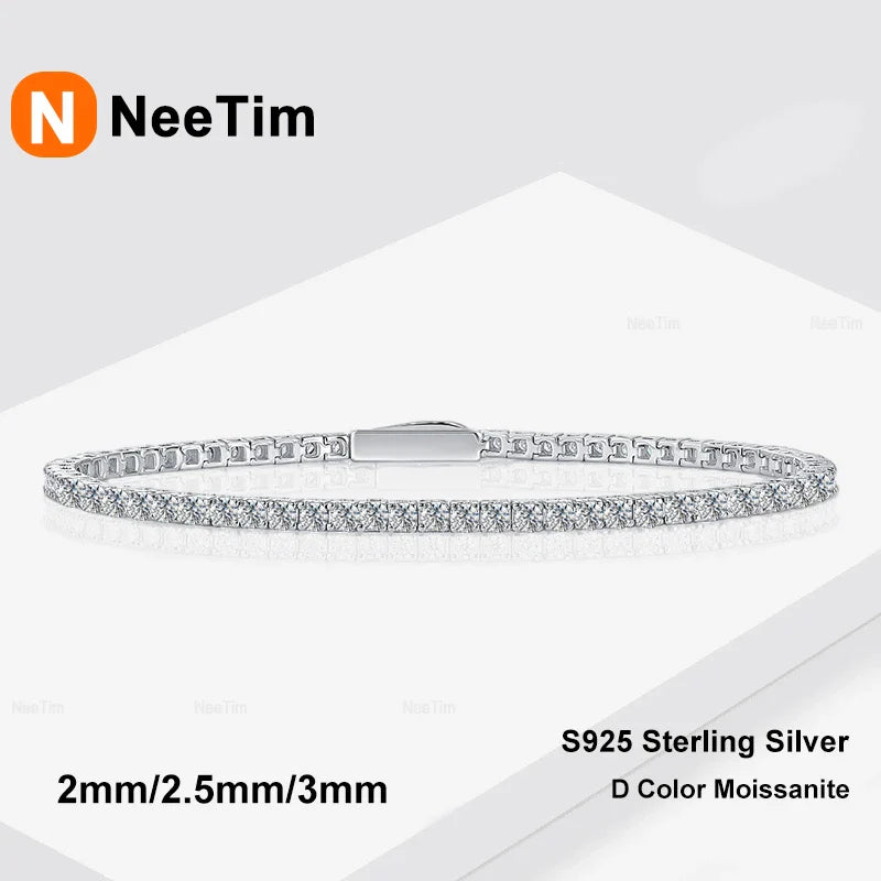 NeeTim 2mm 2.5mm 3mm 4mm Moissanite Tennis Bracelet 925 Sterling Silver with White Gold Plated Bracelets for Women Man Wholesale