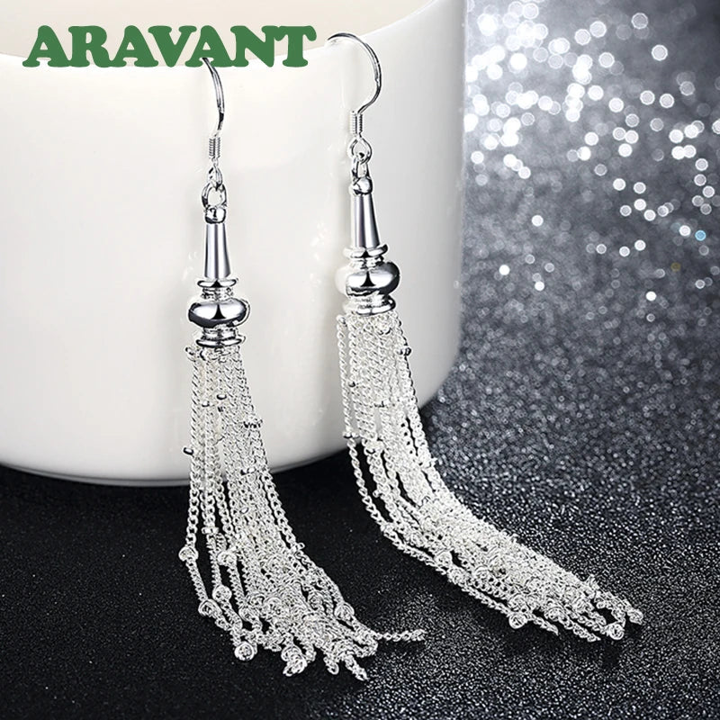 Aravant 925 Silver Multi Chain Long Tassel Drop Earrings For Women Wedding Jewelry