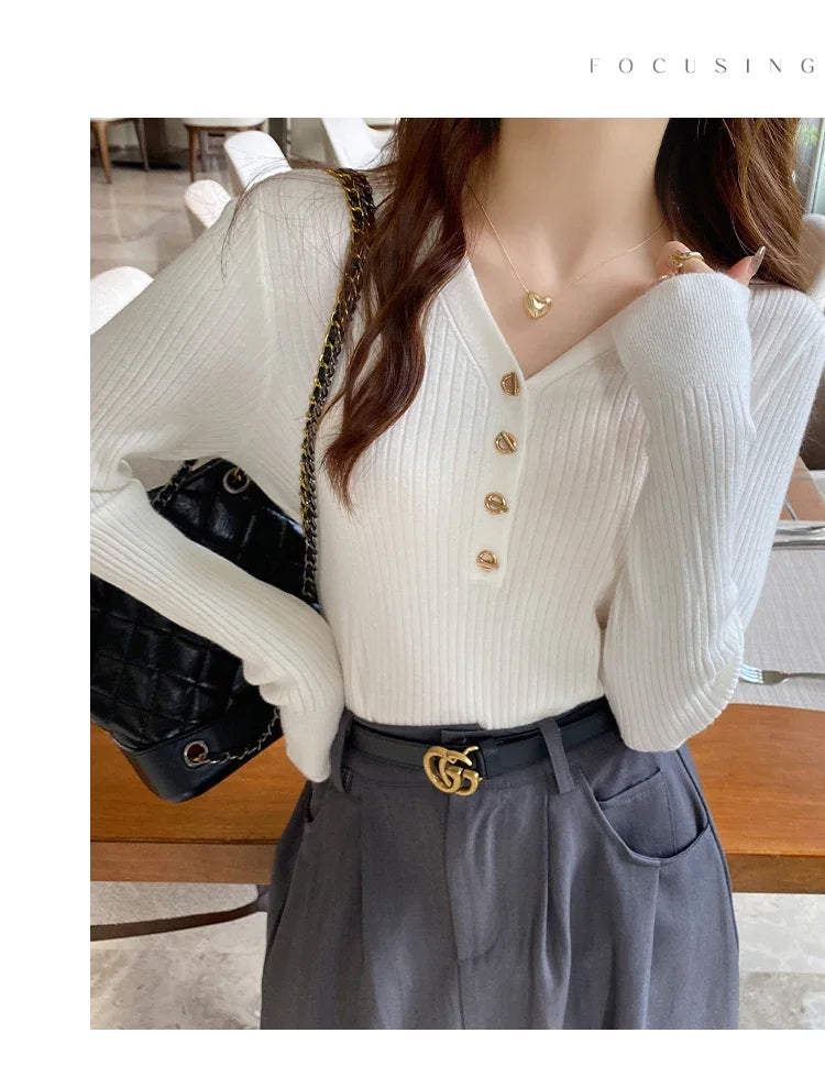 Women Beige Ribbed Button Down Long Sleeve Knitted Pullover Top - Image 27
