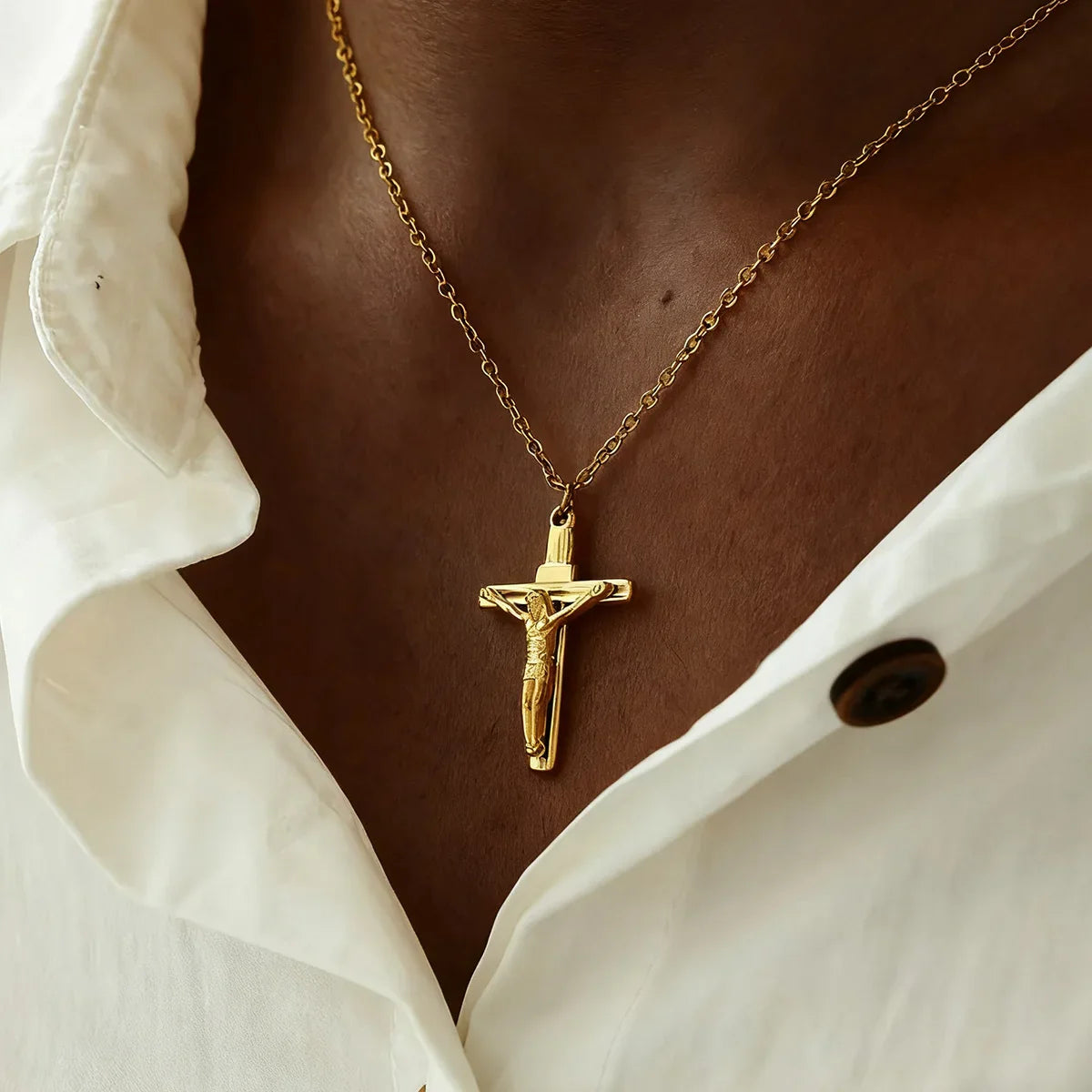 Stainless Steel Jesus Cross Necklace For Women Men Gold Color Caravaca Angels Crucifix Charm Choker Rapper Jewelry Hip Hop Gift