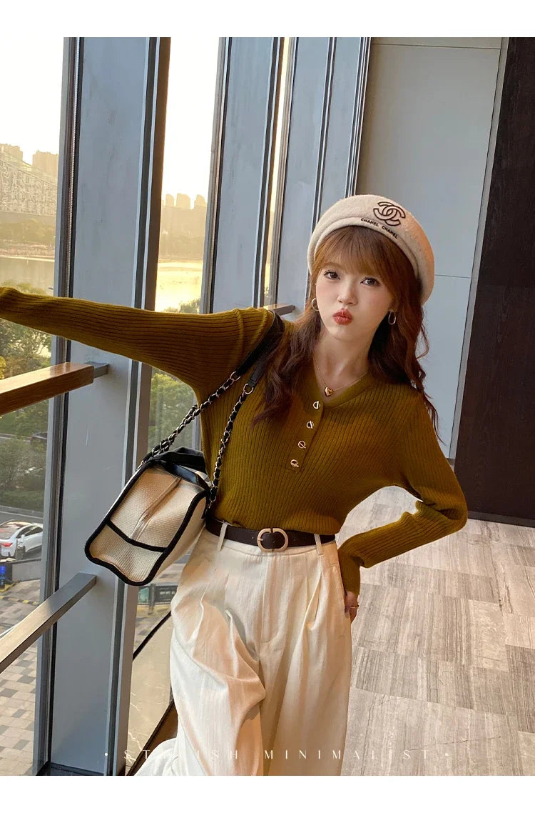 Women Beige Ribbed Button Down Long Sleeve Knitted Pullover Top - Image 30