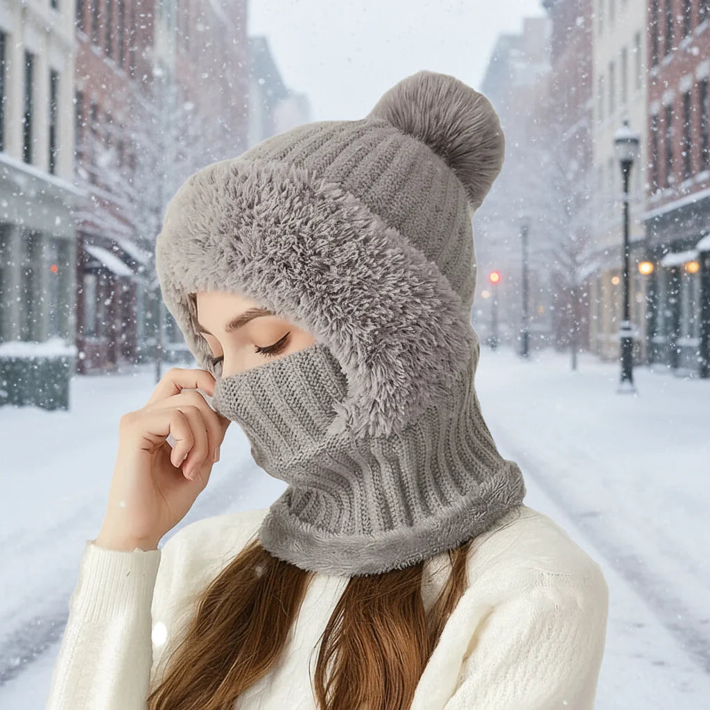 Winter Lined Knit Hat with Earflap & Hooded Neck Gaiter