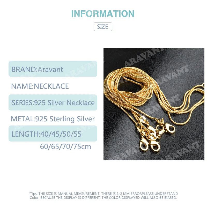 Aravant 925 Sterling Silver 18K Gold 1MM 45-75CM Snake Chain Necklace For Women Fashion Party Wedding Jewelry