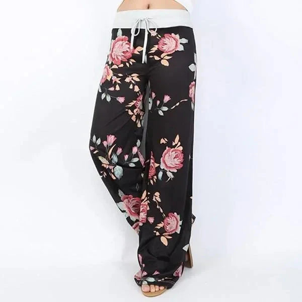Wide-Leg Drawstring Lounge Pants with Floral and Camo Prints