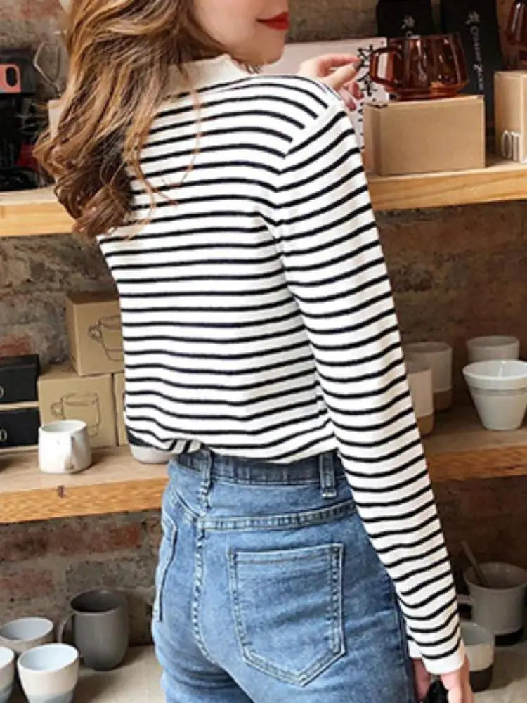 Women Striped Mock Neck Long Sleeve Ribbed Knit Pullover Sweater - Image 9