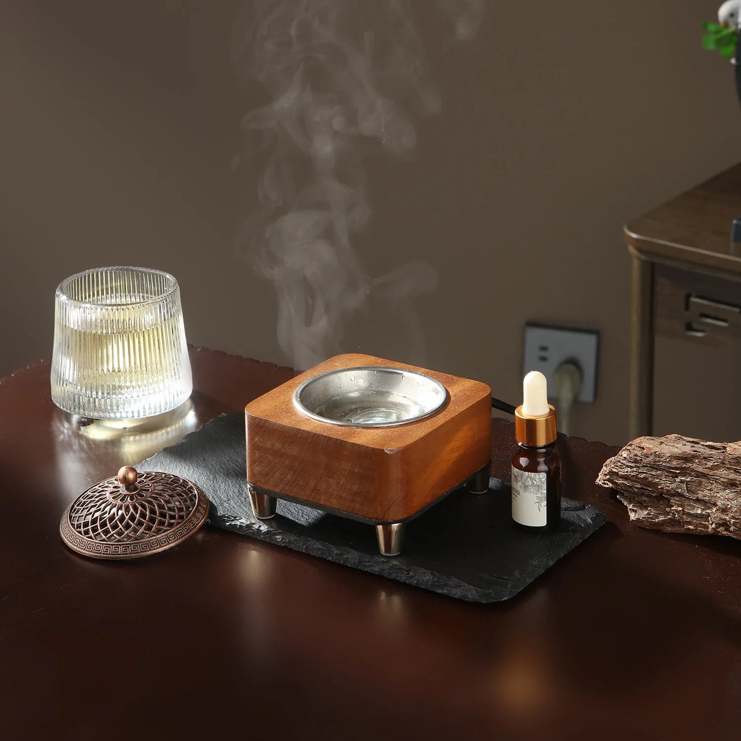 Electronic Incense Burner Wooden Essential Oil Burner Timing Adjustable Temperature Wax Melts Warmer Agarwood Incense Burner