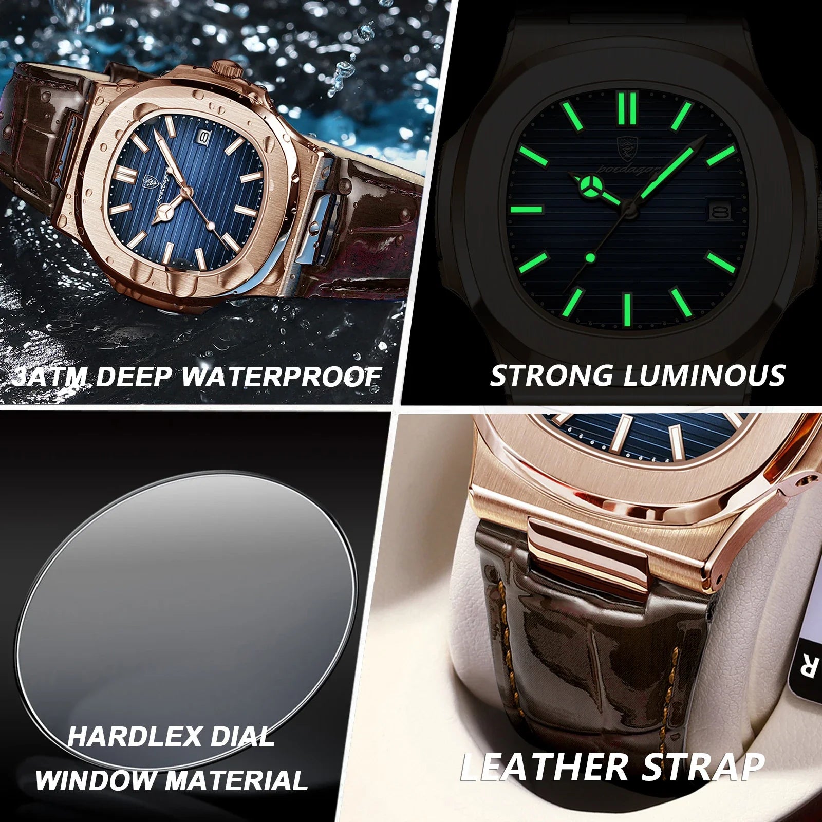POEDAGAR Fashion Square Men's Watch Waterproof Luminous Date Business Man Wristwatch Casual Leather Quartz Watches For Men Reloj