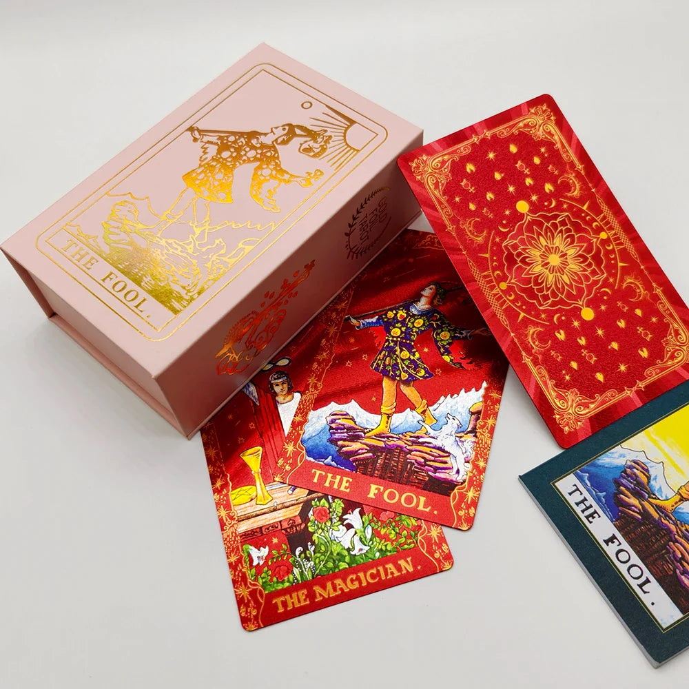 English Golden Red Tarot Cards for Work with Guide Book Prophecy Oracle Divination Deck Fortune Telling Classic 78-cards 12x7cm