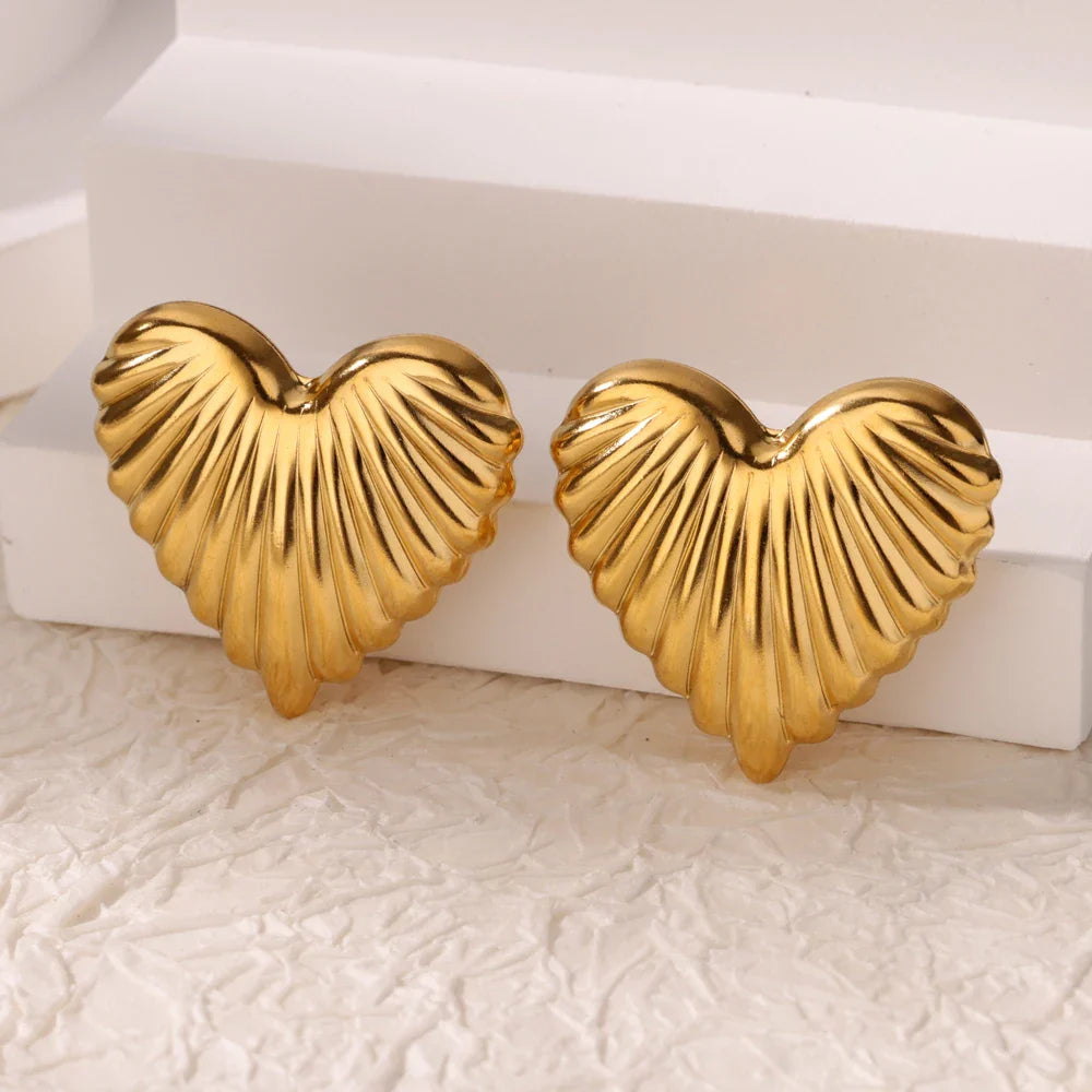 Heart Stripe Chunky Stud Earrings for Women Stainless Steel Gold Color Wedding Aesthetic Earring New Jewelry Accessories BFF