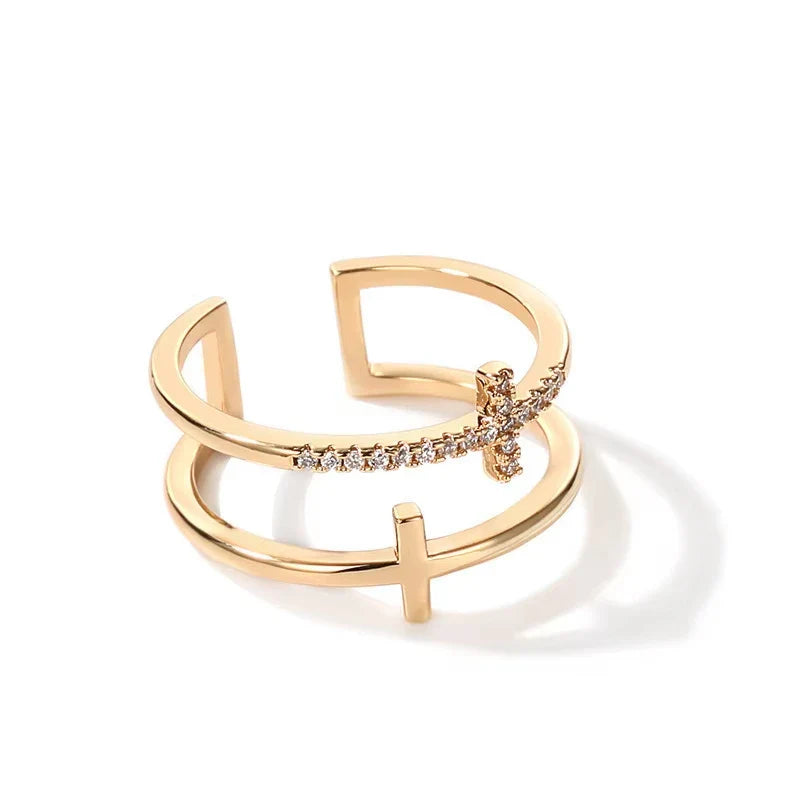 Fashion Double Layer Cross Open Ring For Women Minimalist Gold Silver Color Adjustable Finger Ring Female Party Wedding Jewelry