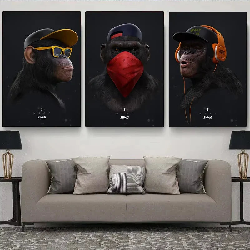 Three Swag Monkeys Canvas Art Posters and Prints Hip Hop Monkey Fashion Paintings on the Wall Art Animals Pictures Room Decor