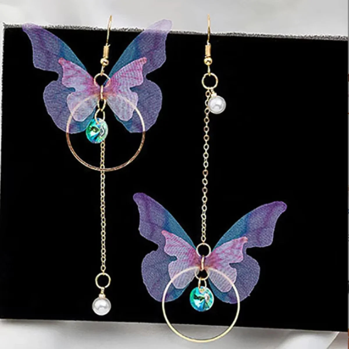 Elegant Purple Glass Butterfly Long Tassel Earrings for Women Delicate Rhinestone Crystal Insect Earrings Luxury Party Jewelry