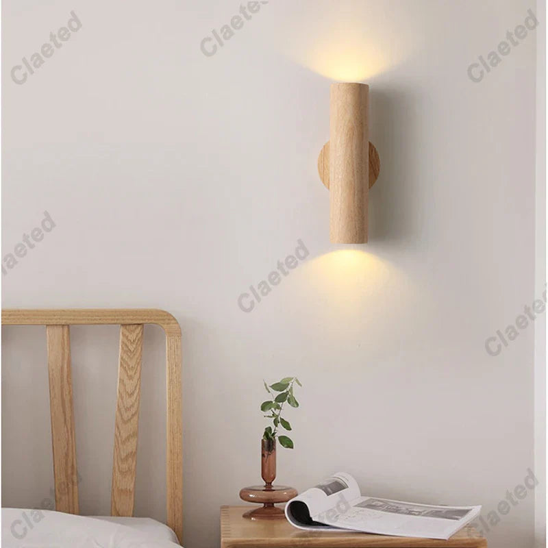 Nordic Style Solide Wood Wall Lamp for Dining Room Bedroom Foyer Chinese Up Down Double Heads  Background Aisle Led Wall Light