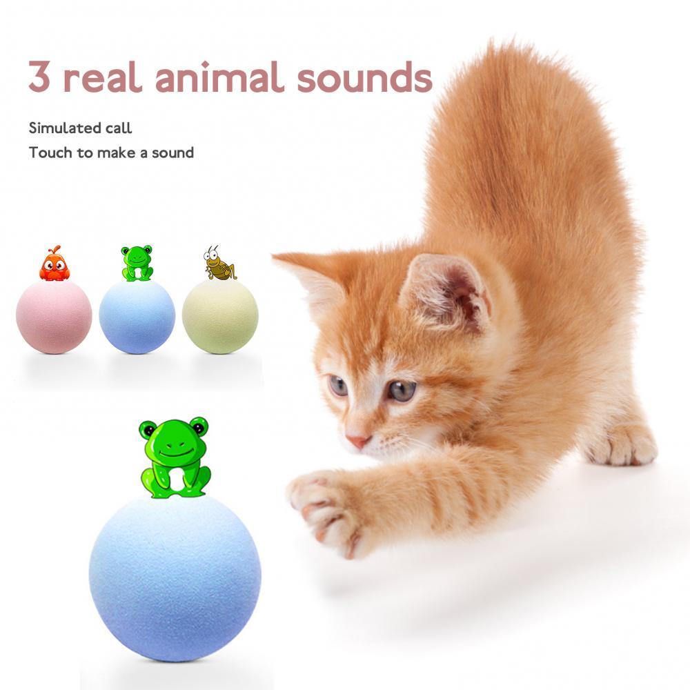 Smart interactive cat toy gravity ball available in pink, blue, and yellow with built-in realistic animal sounds.