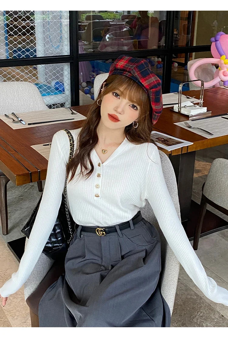 Women Beige Ribbed Button Down Long Sleeve Knitted Pullover Top - Image 26