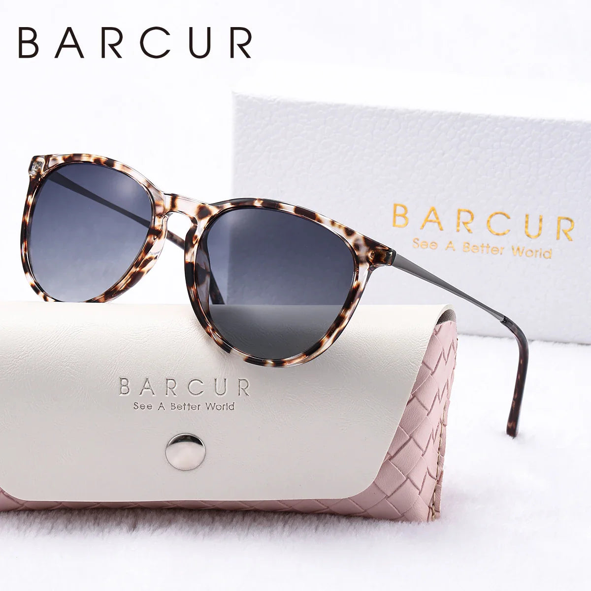Fashionable two-tone leopard print cat eye sunglasses with polarized gradient lenses.