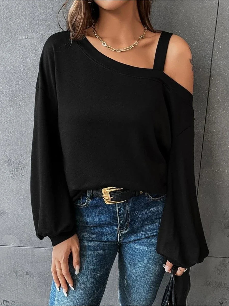 Plus Size Black One Shoulder Lantern Sleeve Knit Pullover