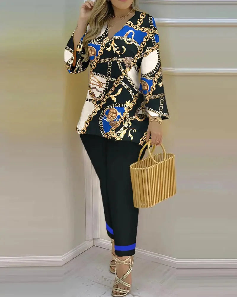 Women Printed V-Neck Long Sleeve Top and Pant Two Piece Set - Image 20