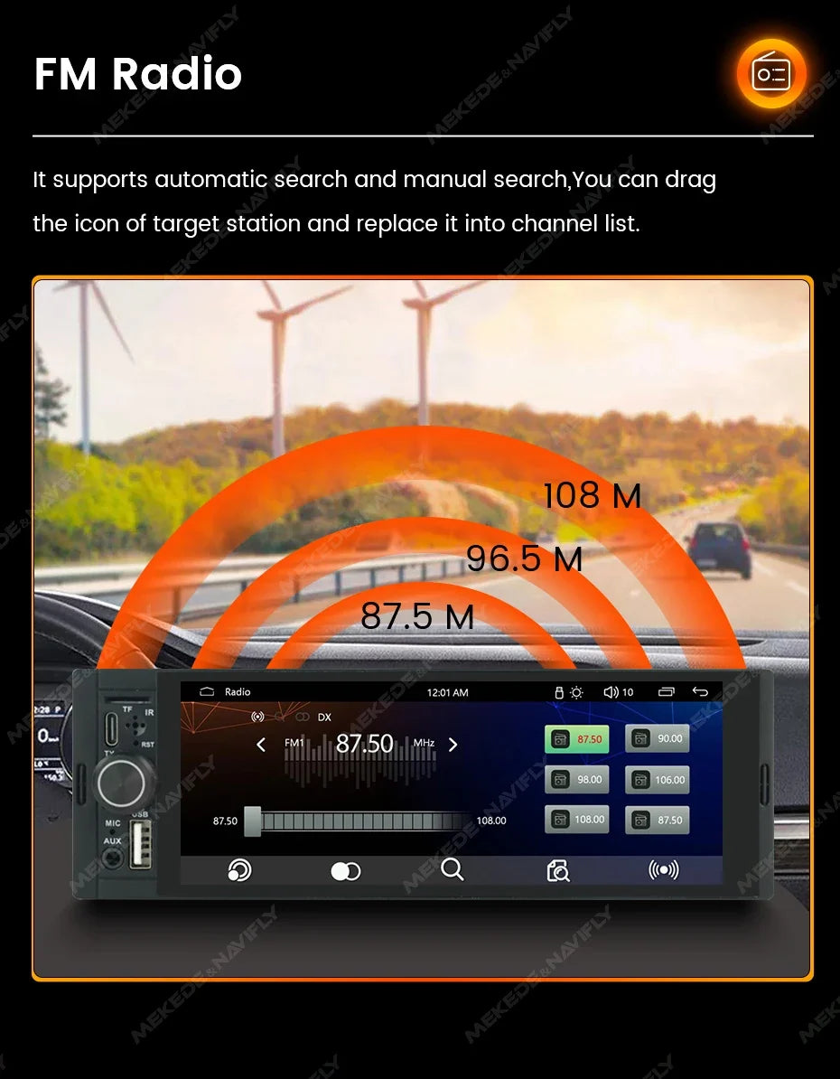 1-DIN Car Stereo with 6.86" Touch Screen – Wireless CarPlay & Android Auto