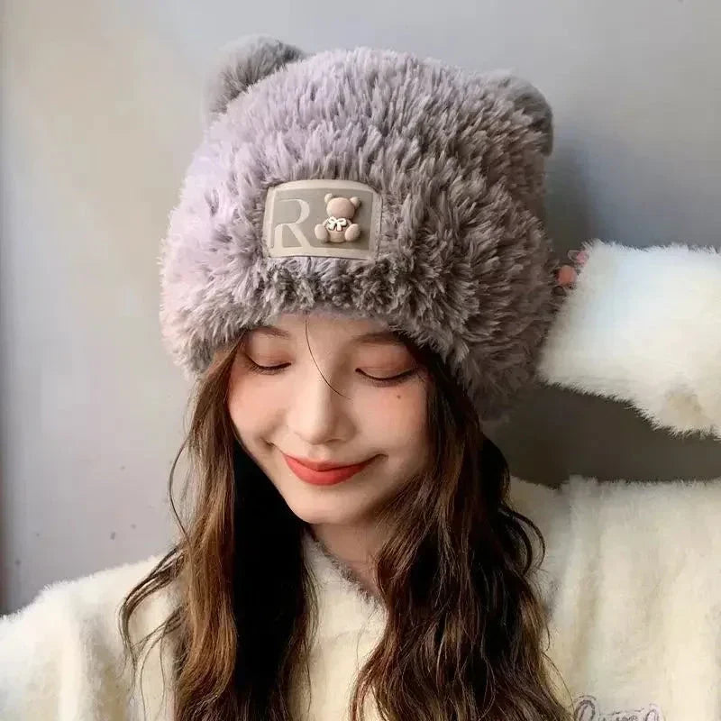 Letter Bear Ears Knitted Woolen Hat – Cute Cat-Ears Beanie for Women