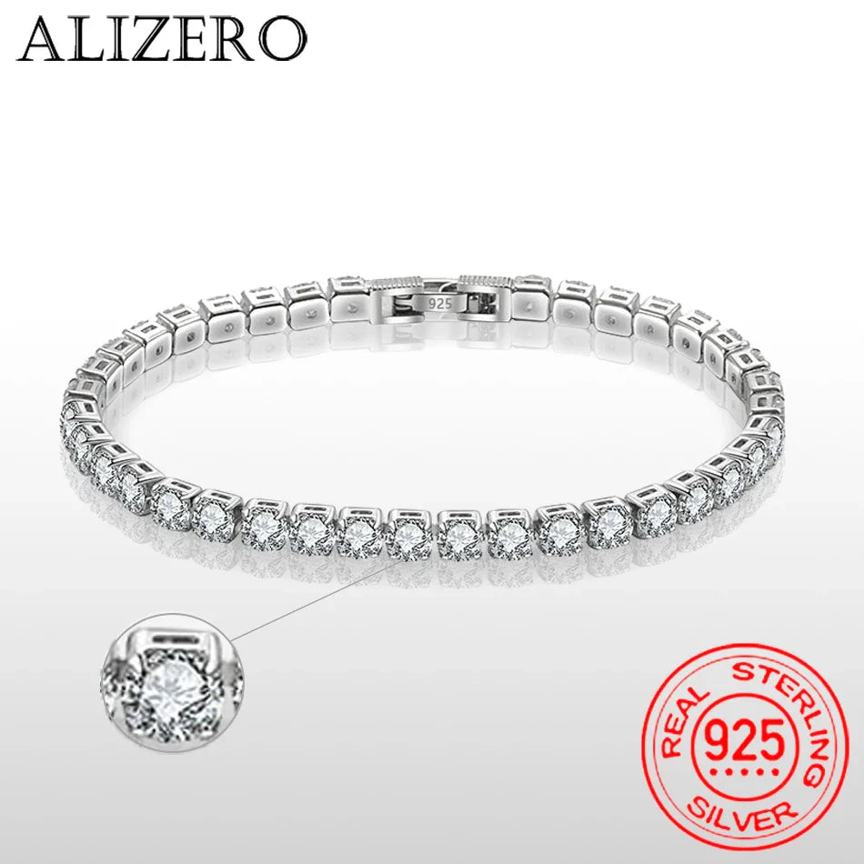 ALIZERO S925 Sterling Silver Bracelet Zirconia Tennis Ball Women Fashion Simple Engagement Wedding Charm Jewelry 4mm 16-23cm