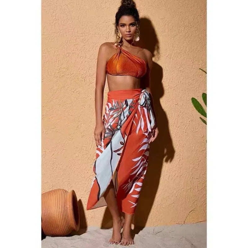Women's Textured One-Shoulder Bikini Set with Matching Sarong - Image 3