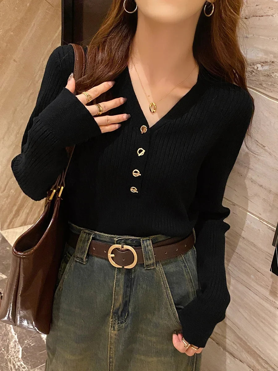 Women Beige Ribbed Button Down Long Sleeve Knitted Pullover Top - Image 36