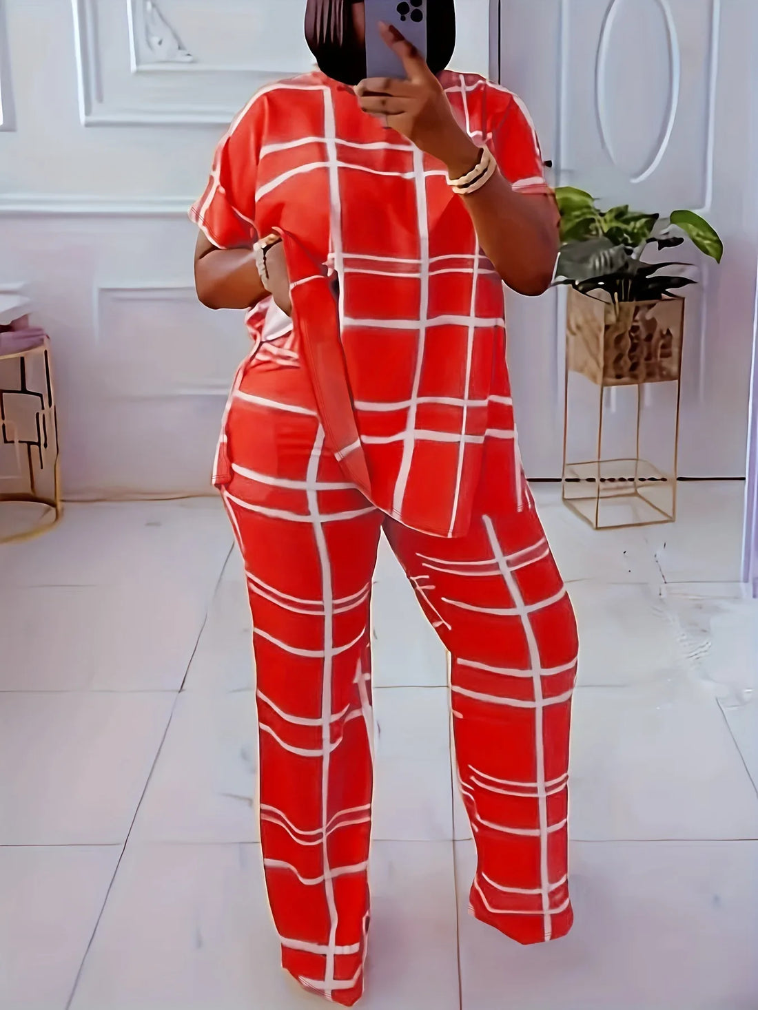Women's Striped Grid Print Casual Two Piece Short Sleeve Set - Image 41