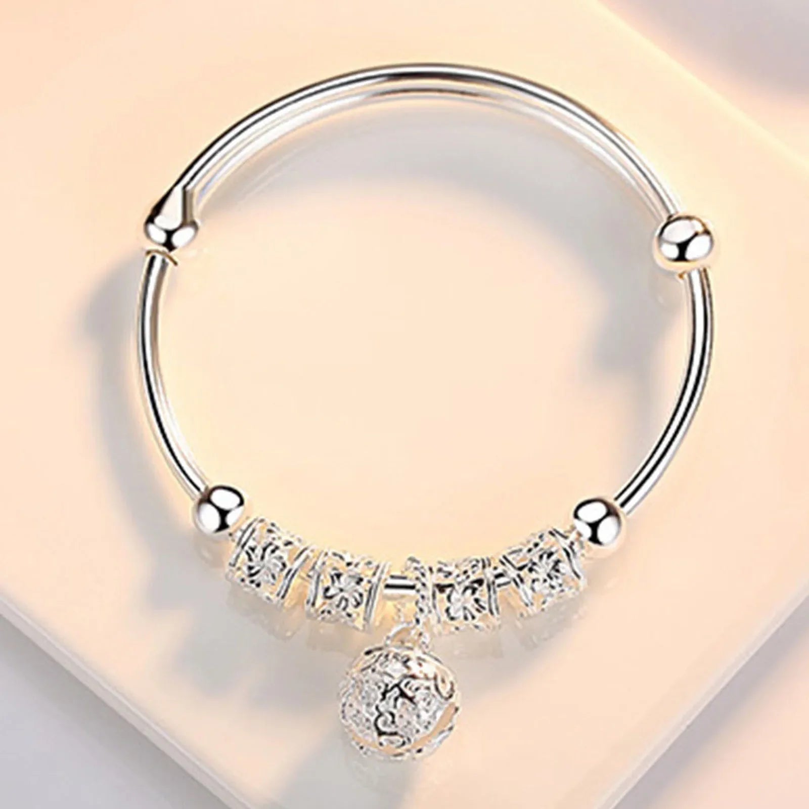 Fine Silver Color Hollow Bells Ball Bangles Adjustable Bracelets for Women Fashion Holiday Gifts Party Wedding Jewelry