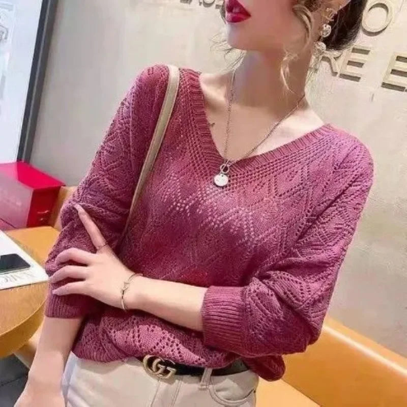 Women's V-Neck Crochet Hollow Knit Pullover Sweater Long Sleeve - Image 10