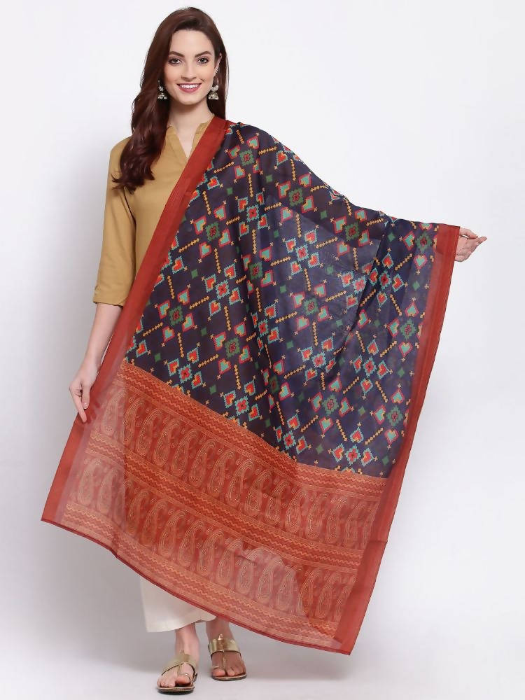 Women's cotton silk dupatta in navy blue and rust orange with geometric print