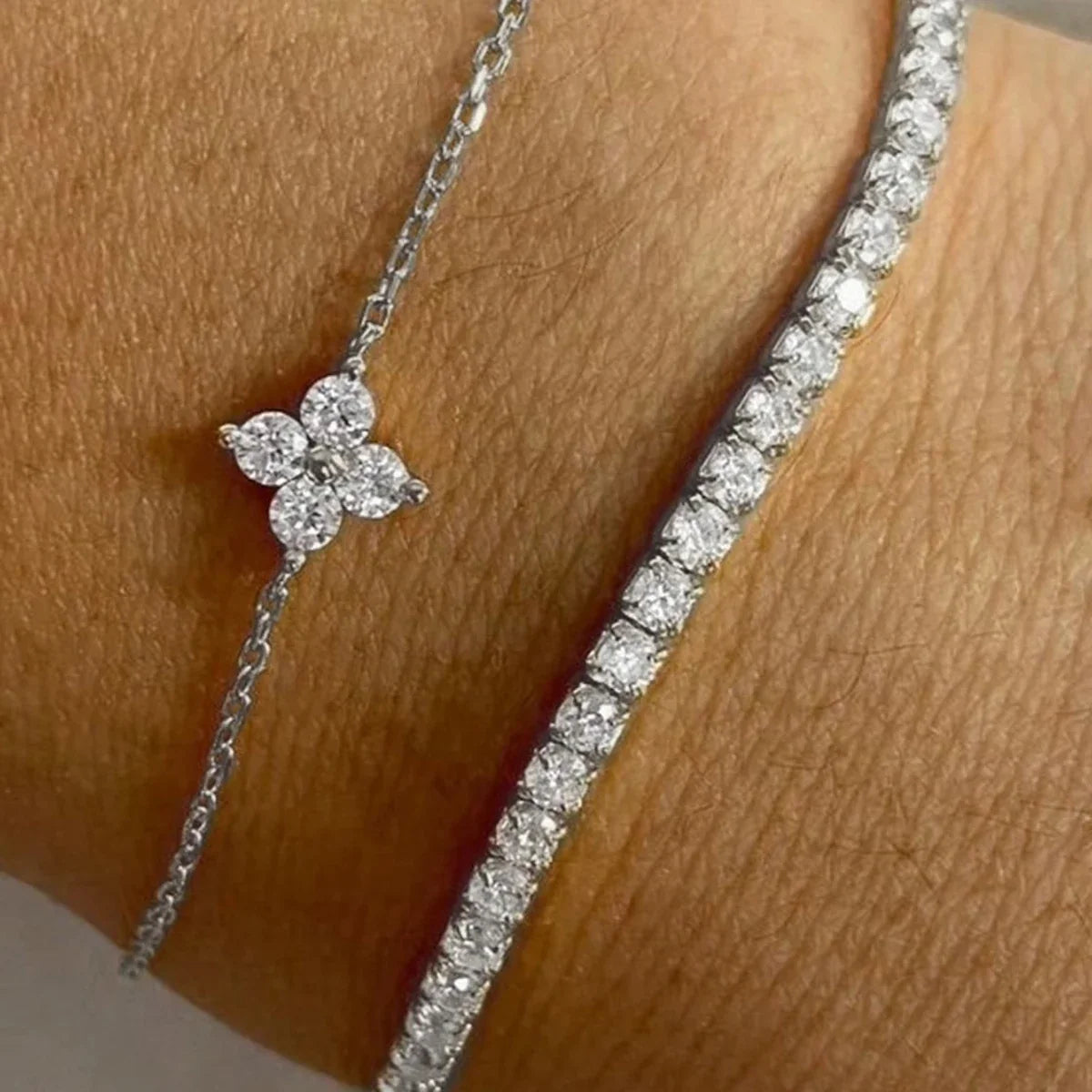 2pcs Simple Cubic Zirconia Flower Water Chain Women's Bracelet Set Daily Minimalist Silver Color Bracelet Party Fashion Jewelry