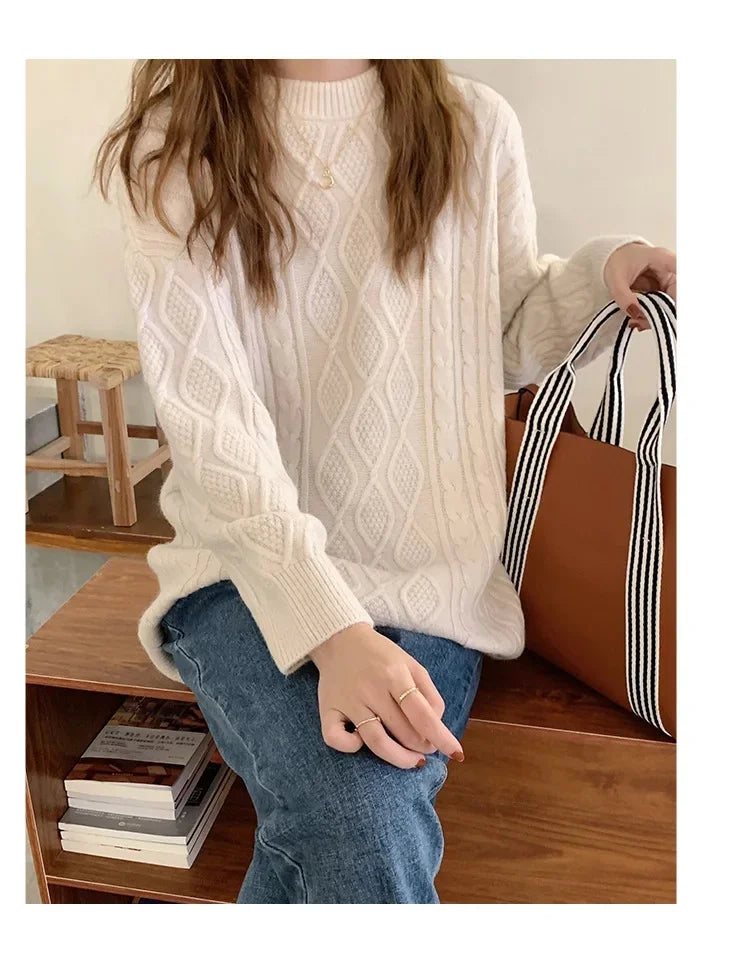 Women's Pink Cable Knit Crew Neck Long Sleeve Sweater - Image 19