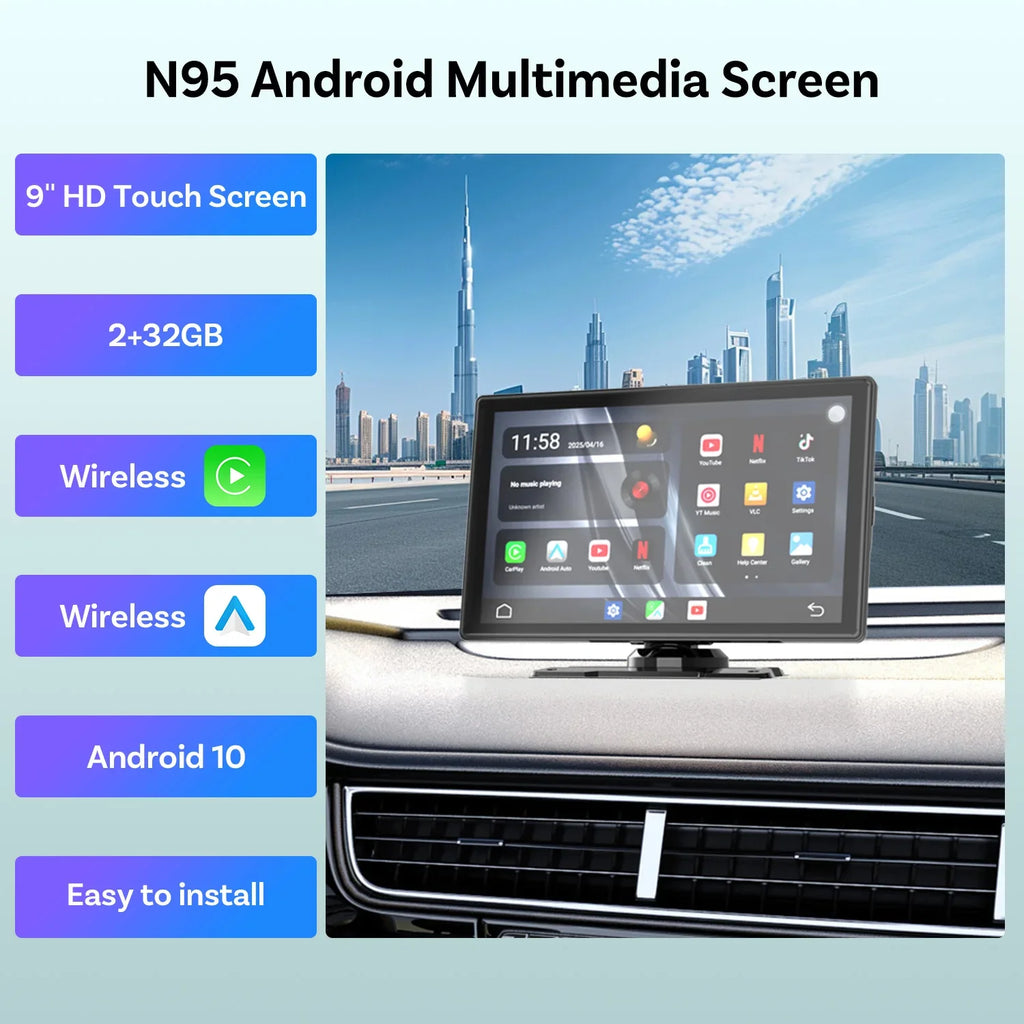 9 Inch Portable Wireless CarPlay Screen, Apple CarPlay and Android Auto Touch Display