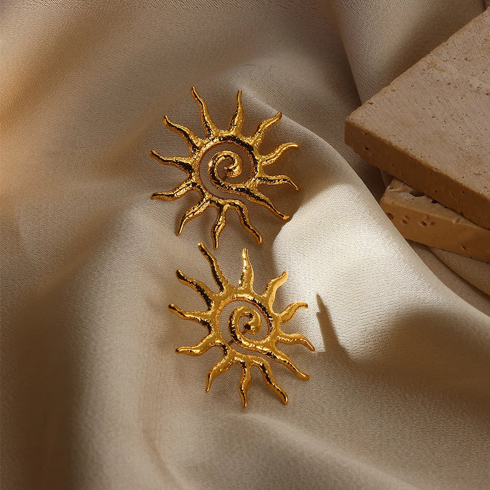Retro Threaded Sun Earrings For Women Gold Color Stainless Steel Geometric Earrings Hip Hop Party Jewelry Birthday Gifts
