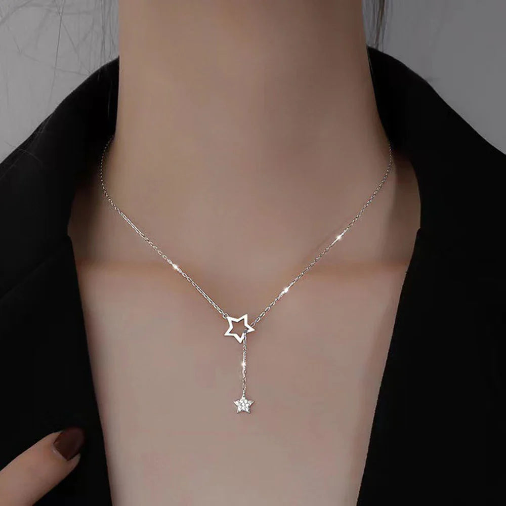 Christmas Gift 925 Sterling Silver Cute Shiny Star Choker Drop Charm Necklaces Charming Woman Wedding Party Birthday Jewelry