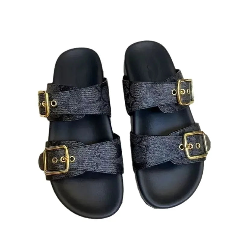 Women's Double Buckle Platform Sandals with Logo Print - Image 5