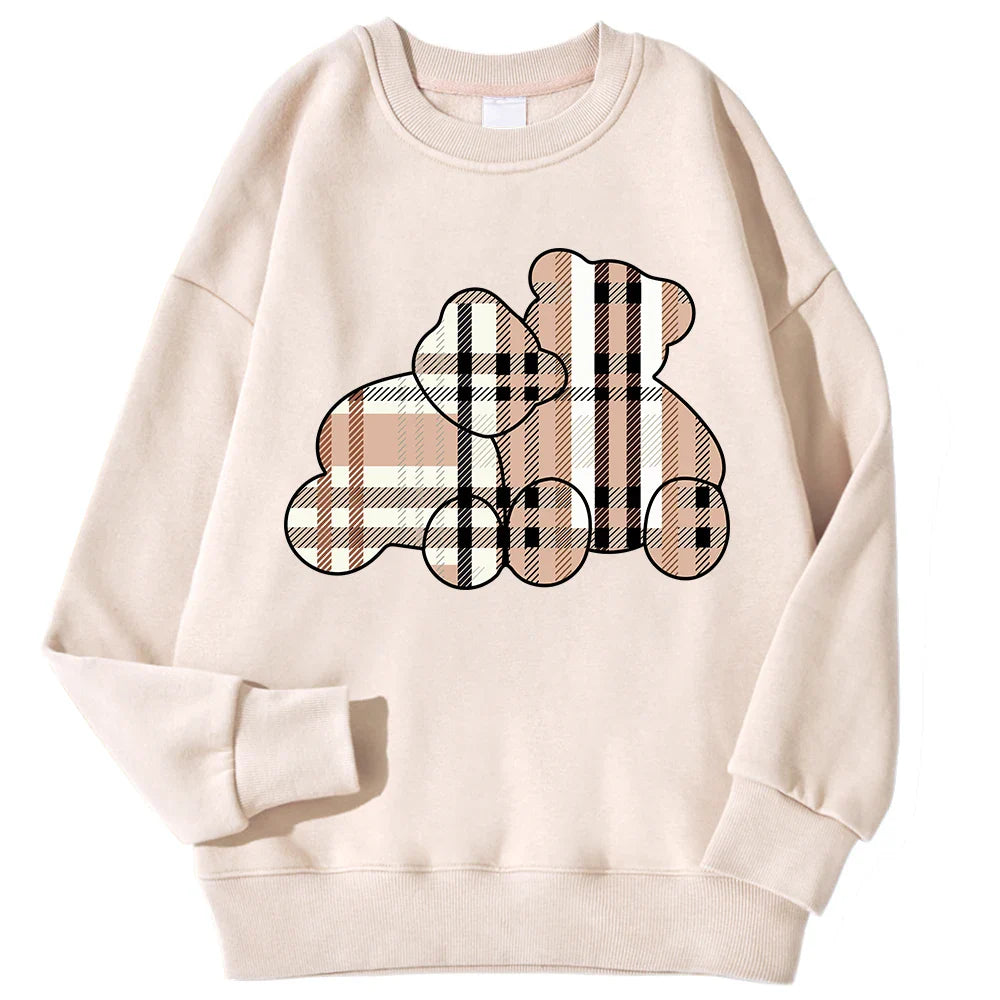Women Beige Teddy Bear Print Crewneck Pullover Sweatshirt - Image 2