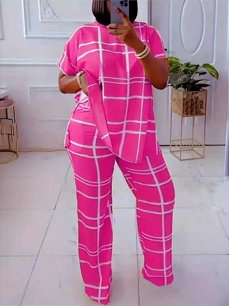 Women's Striped Grid Print Casual Two Piece Short Sleeve Set - Image 3