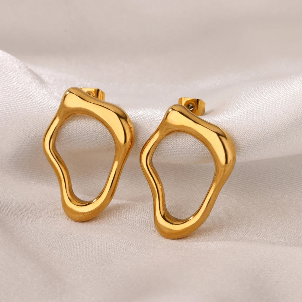 Irregular Hollow Cute Stainless Steel Stud Earrings for Women Gold Color Wedding Aesthetic Irregular Texture Earring Jewelry BFF