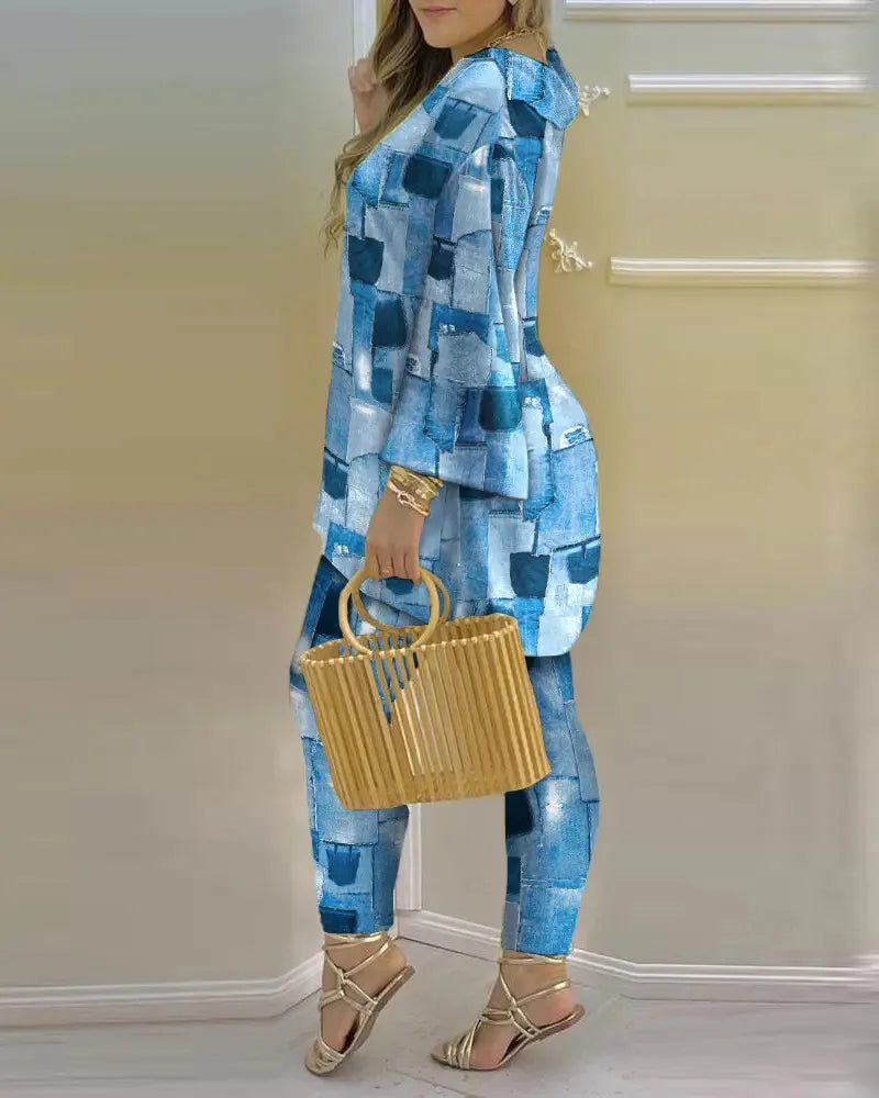 Women Printed V-Neck Long Sleeve Top and Pant Two Piece Set - Image 6