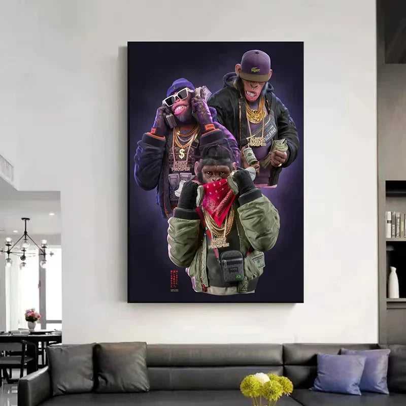 Three Swag Monkeys Canvas Art Posters and Prints Hip Hop Monkey Fashion Paintings on the Wall Art Animals Pictures Room Decor