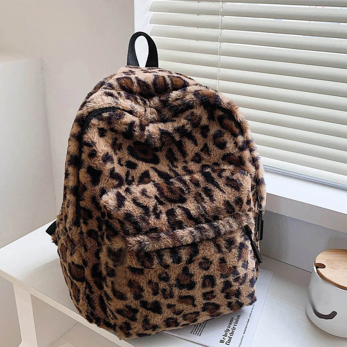Luxury Brown Leopard Plush Backpack Purse  Large Capacity