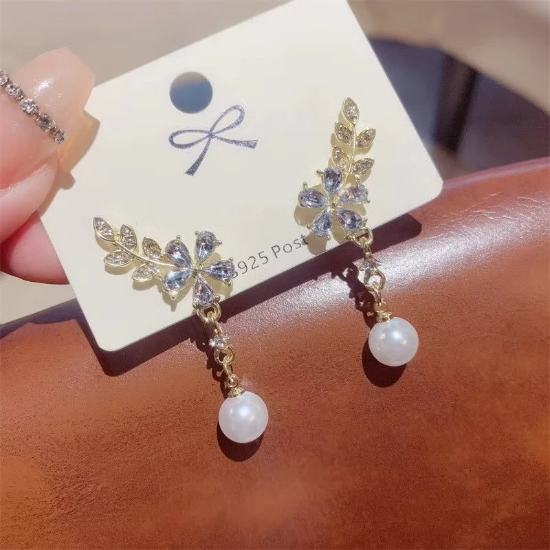 Exquisite Leaves Crystal Flower Stud Earrings For Women AAA Zircon Rose Butterfly Tassel Earring Bride Wedding Party Jewelry