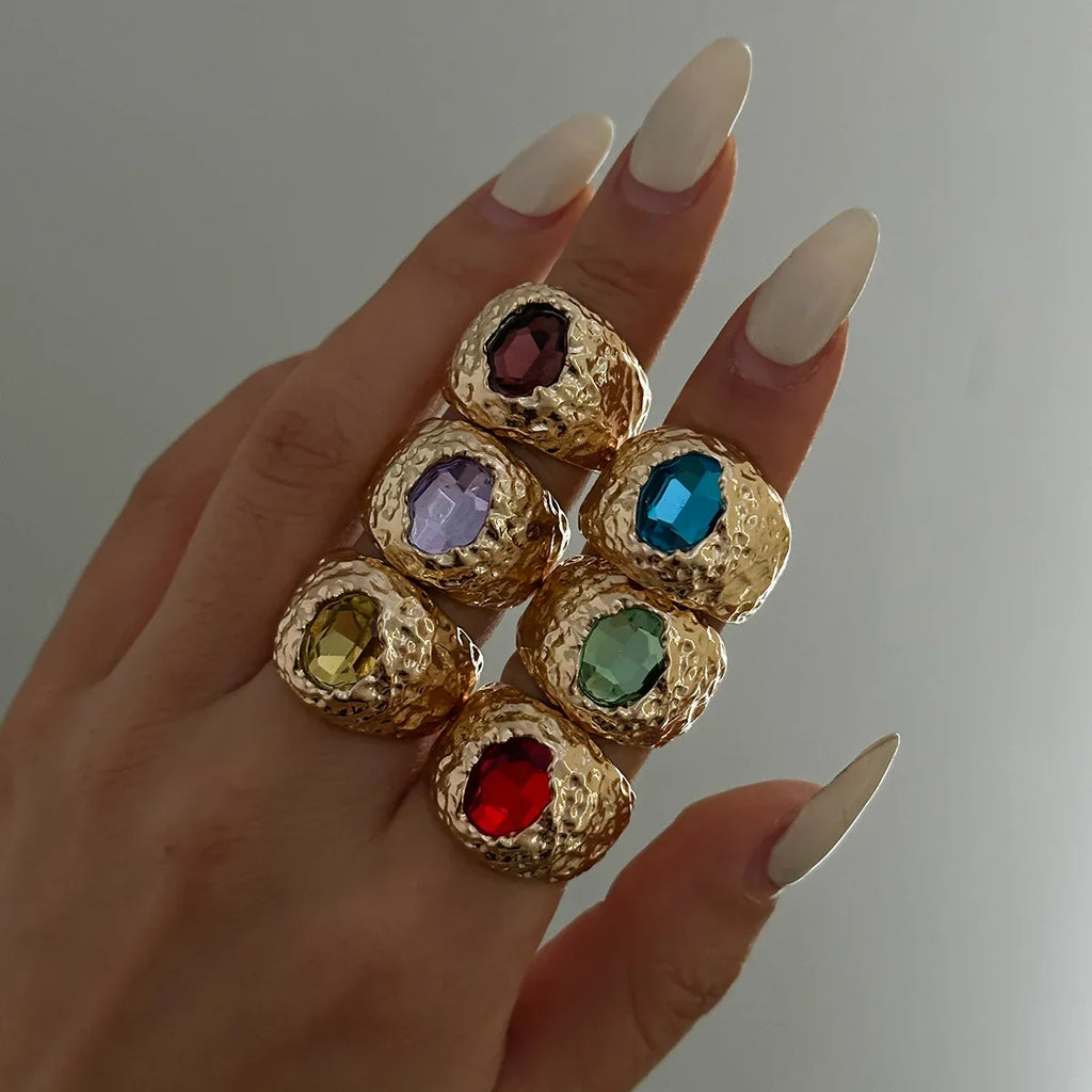 LATS Vintage Punk Inlaid Rhinestone Rings for Women Geometric Exaggerated Personalized Liquid Glossy Light Luxury  Jewelry