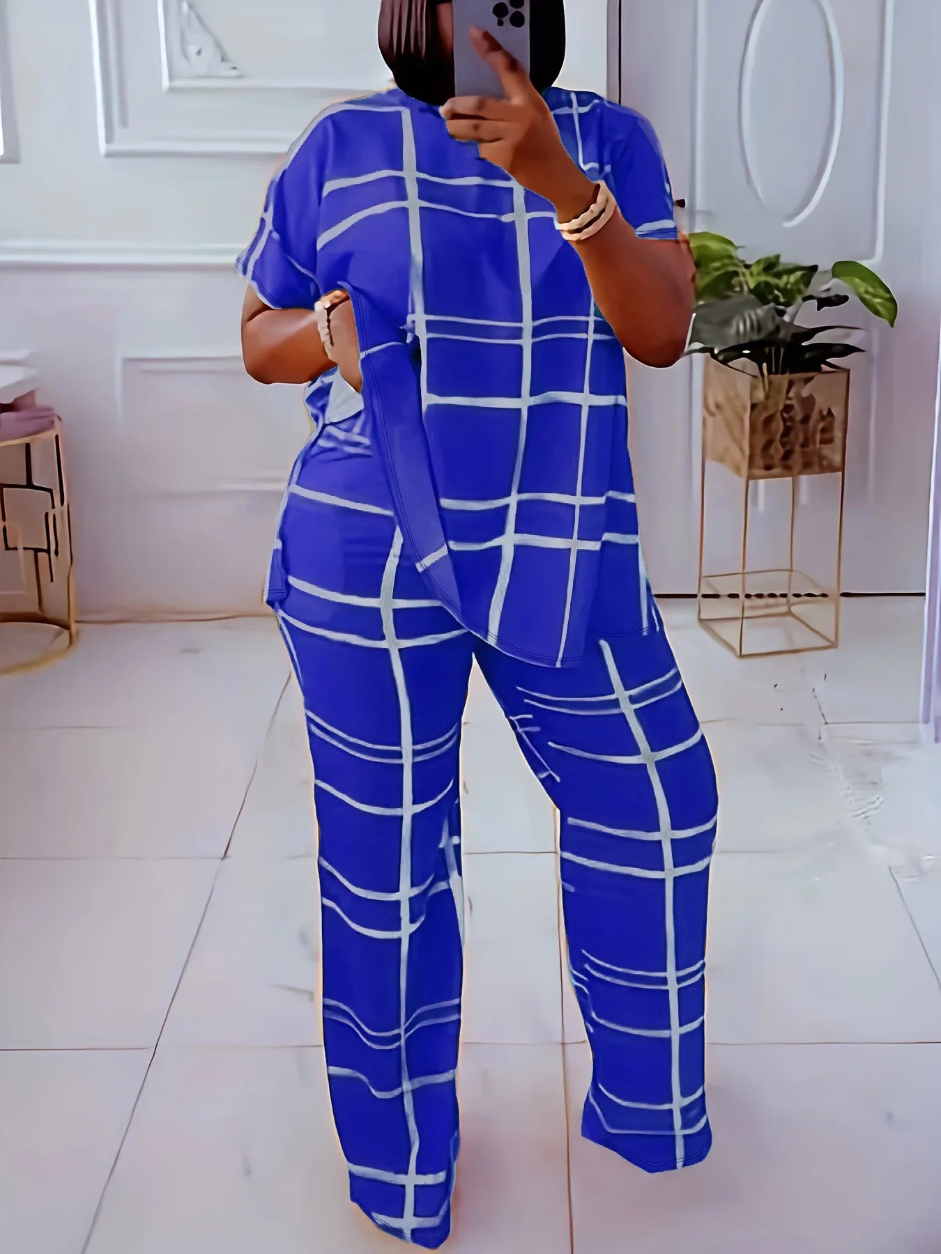 Women's Striped Grid Print Casual Two Piece Short Sleeve Set - Image 14