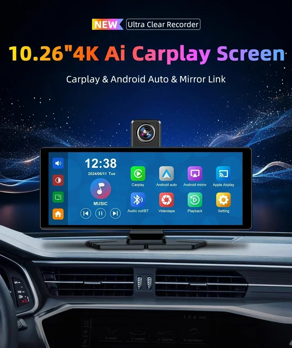 10.26" Portable CarPlay Screen – Wireless Car Stereo Touch Display