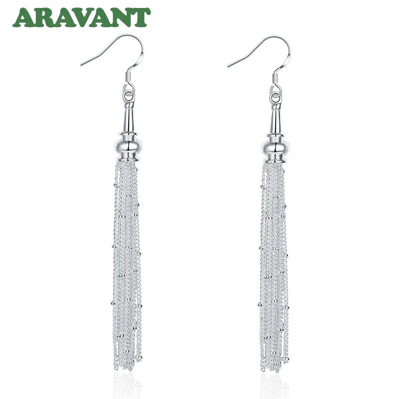 Aravant 925 Silver Multi Chain Long Tassel Drop Earrings For Women Wedding Jewelry