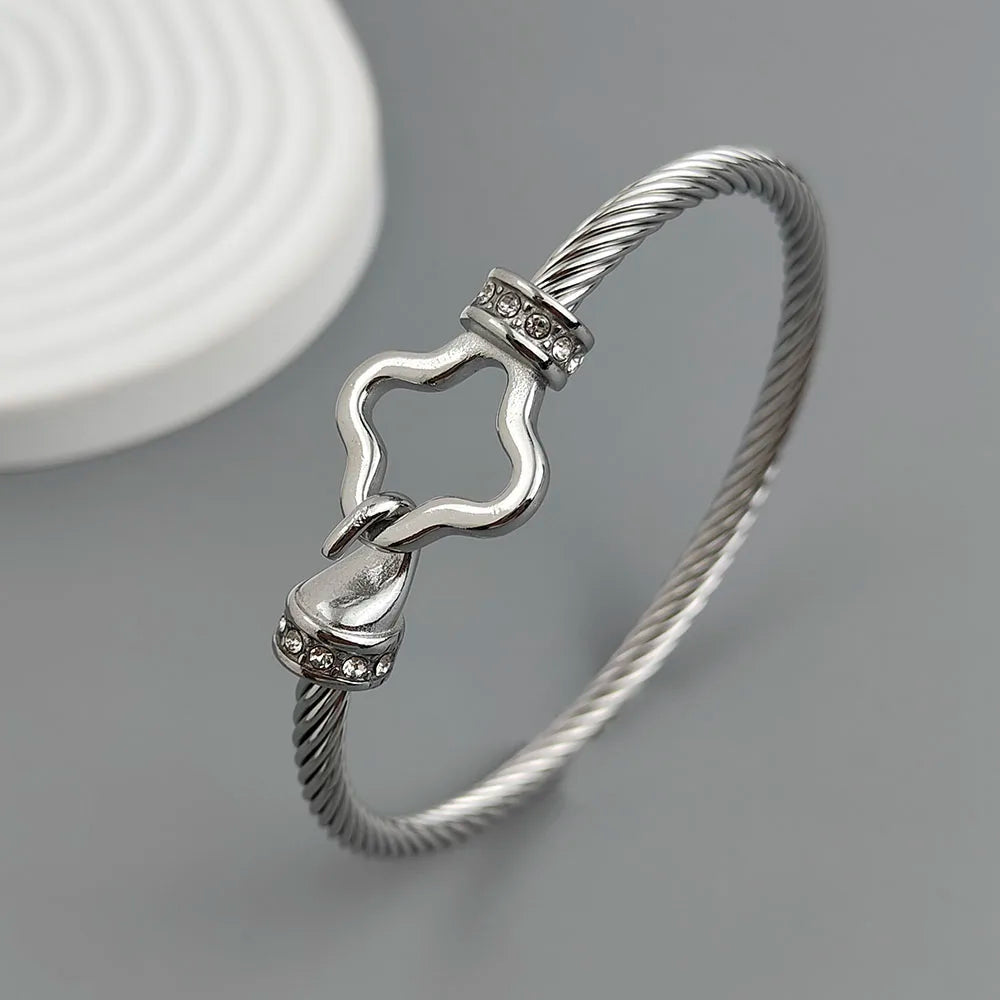 New steel wire button zircon four-leaf clover gold-plated bracelet 18K, high-quality waterproof couple bracelet, wife gift